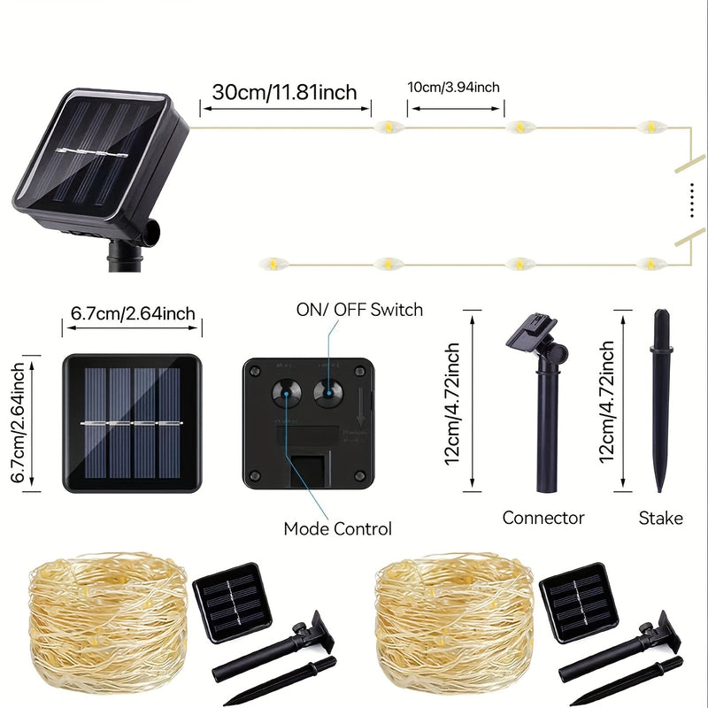 2 piezas de luces solares LED en cadena, 50/100/200/300 LED, 8 modos de iluminación, ideal para jardín, patio y celebraciones al aire libre, con control de sensor de luz, luces de jardín, luces en cadena
