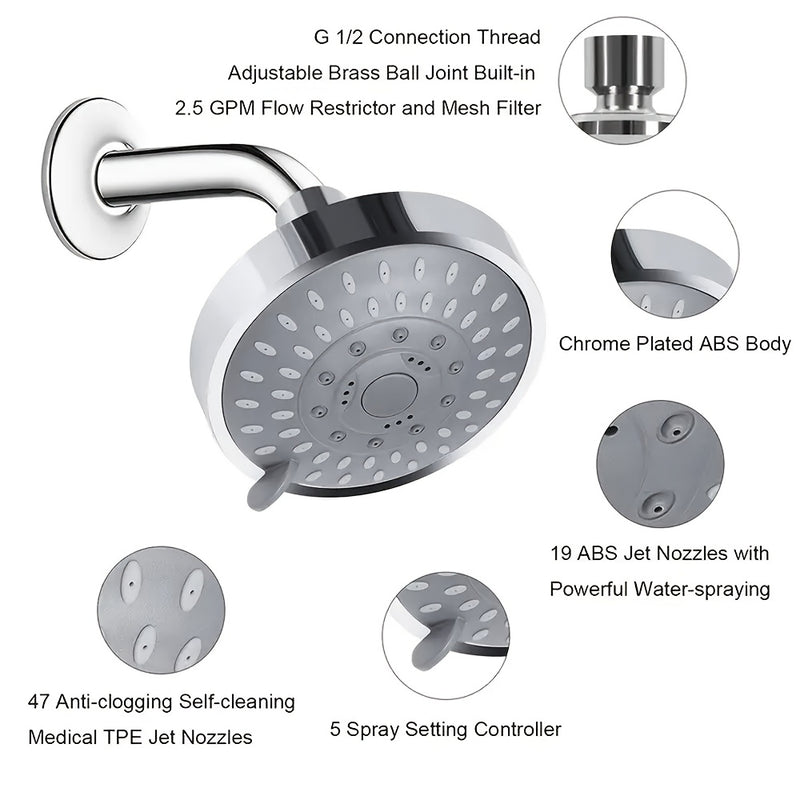 1 cabezal de ducha contemporáneo de 4 pulgadas, 5 modos de rociado, alta presión, montaje en pared/colgado/insertado, sin necesidad de electricidad, rociador estilo spa americano para hogar, hotel y casa de huéspedes
