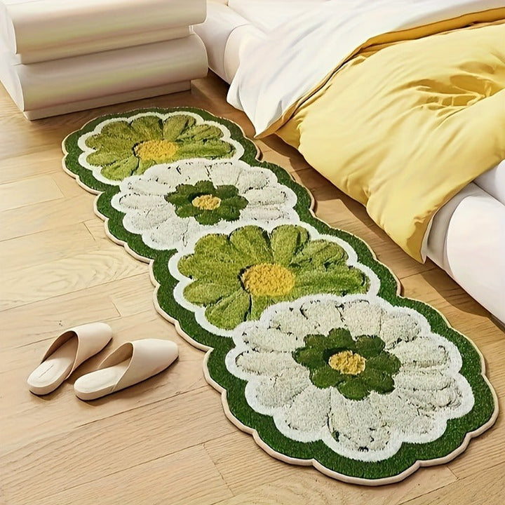 1pc Alfombra de Goma Antideslizante con Diseño de Margaritas Verdes y Blancas, Fibra de Poliéster, Ideal para Protección de Pisos de Dormitorio, Cocina o Baño, Alfombra Decorativa para Piso | Alfombra de Baño | Alfombra de Goma Antideslizante