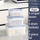 Juego de 9 contenedores de almacenamiento de alimentos de plástico sin BPA con cestas de drenaje y tapas - A prueba de fugas, aptos para congelador, organizadores de cocina multiusos reutilizables para frutas, verduras y alimentos.