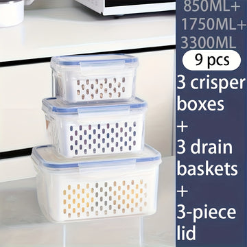 Juego de 9 contenedores de almacenamiento de alimentos de plástico sin BPA con cestas de drenaje y tapas - A prueba de fugas, aptos para congelador, organizadores de cocina multiusos reutilizables para frutas, verduras y alimentos.