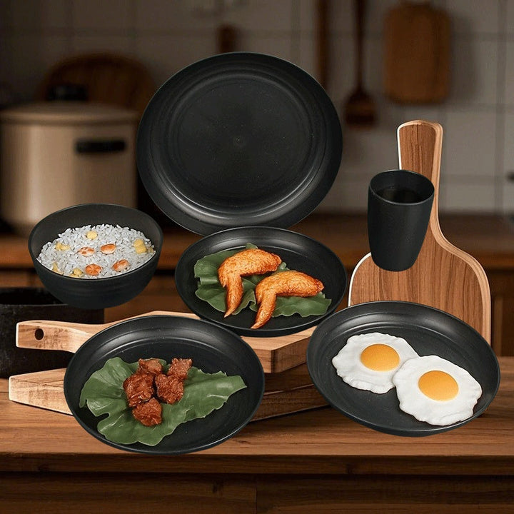 Juego de 16 piezas de platos de cena indestructibles y utensilios de cocina reutilizables, con 8 platos, 4 tazas y 4 tazones, fácil de limpiar, juego de platos de temporada/novedad.