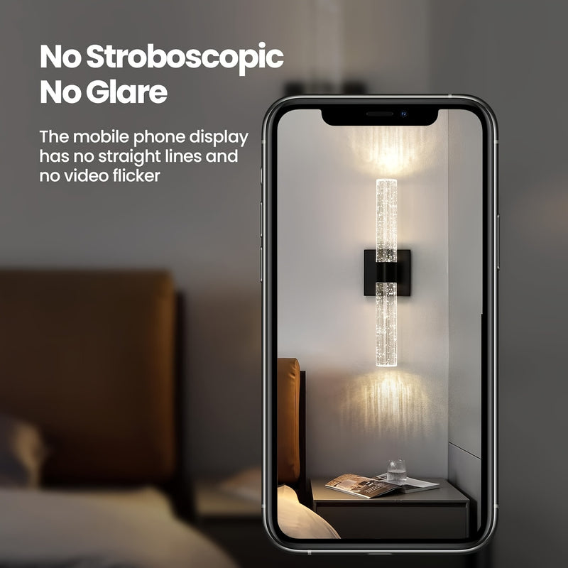 Aplique LED de cristal moderno - Aplique de pared de hierro fundido negro mate, montaje semi empotrado con control de interruptor para baño, dormitorio, sala de estar - 39,88 cm 5000 K, cableado, 110 V-240 V, fuente LED integrada
