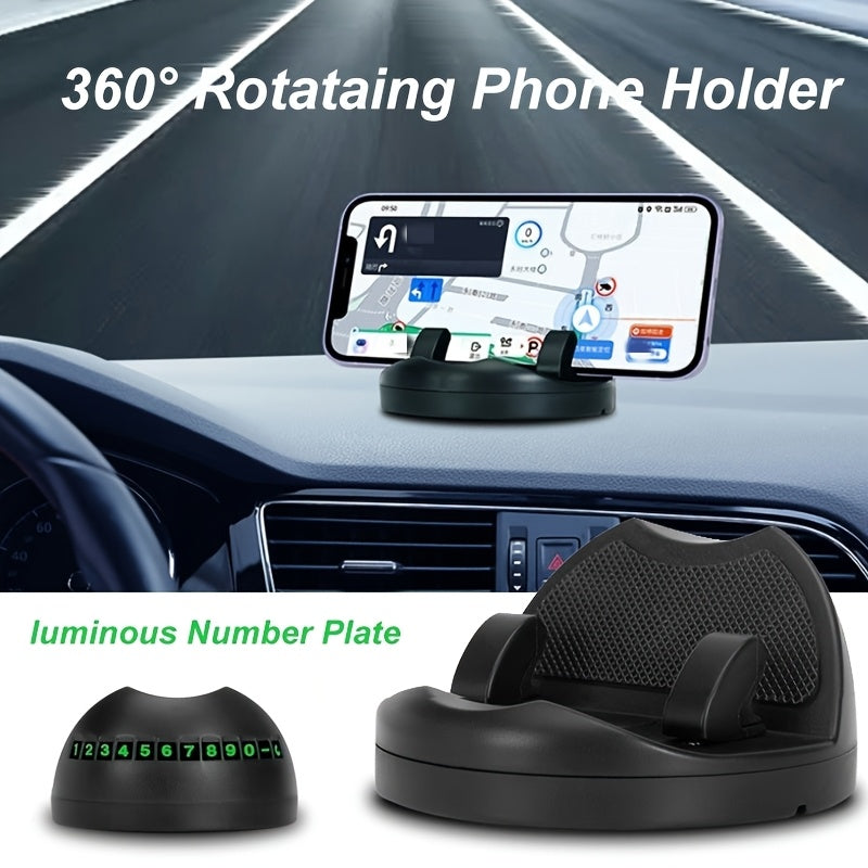 Soporte de teléfono giratorio de 360°, montaje redondo de salida de aire acondicionado de ABS, soporte de teléfono para automóvil impermeable con placa de números luminosos, montaje estable de cabeza para coches