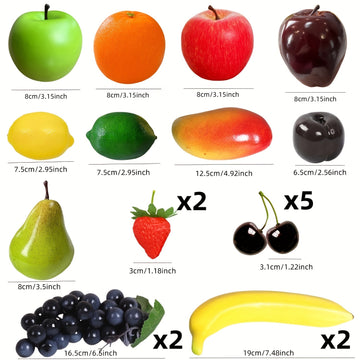 Conjunto de 20 Piezas de Frutas Realistas - Fresas, Manzanas, Peras, Limones, Naranjas, Uvas, Cerezas, Mangos y Plátanos Artificiales para Decoración del Hogar, Fiestas y Exhibición Navideña, Accesorios de Fotografía, Decoración de Frutas para Fiestas