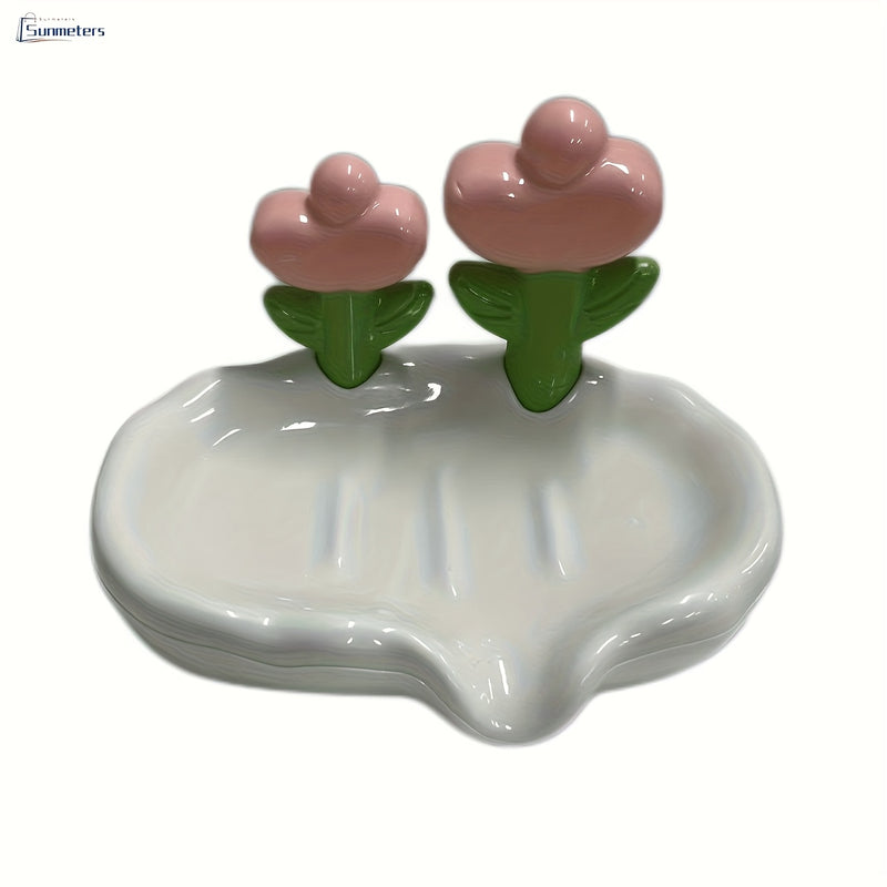 Porta jabón ovalado de plástico con diseño floral, soporte autoescorriente para todas las estaciones, accesorio lindo para baño y cocina
