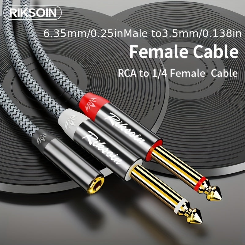 1pc RIKSOIN con baño de oro de 24K Cable divisor de audio, 3,5 mm a doble 6,35 mm Jack, estéreo 3,5 mm Jack conector auxiliar con forma redondeada trenzada, conector hembra a macho, cable Ethernet de categoría 5 para instrumentos