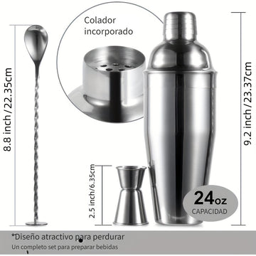 Juego de coctelera de acero inoxidable de 24 oz con jigger y cuchara mezcladora - Kit de barman profesional con colador incorporado para Martini, Margarita y mezcla de bebidas