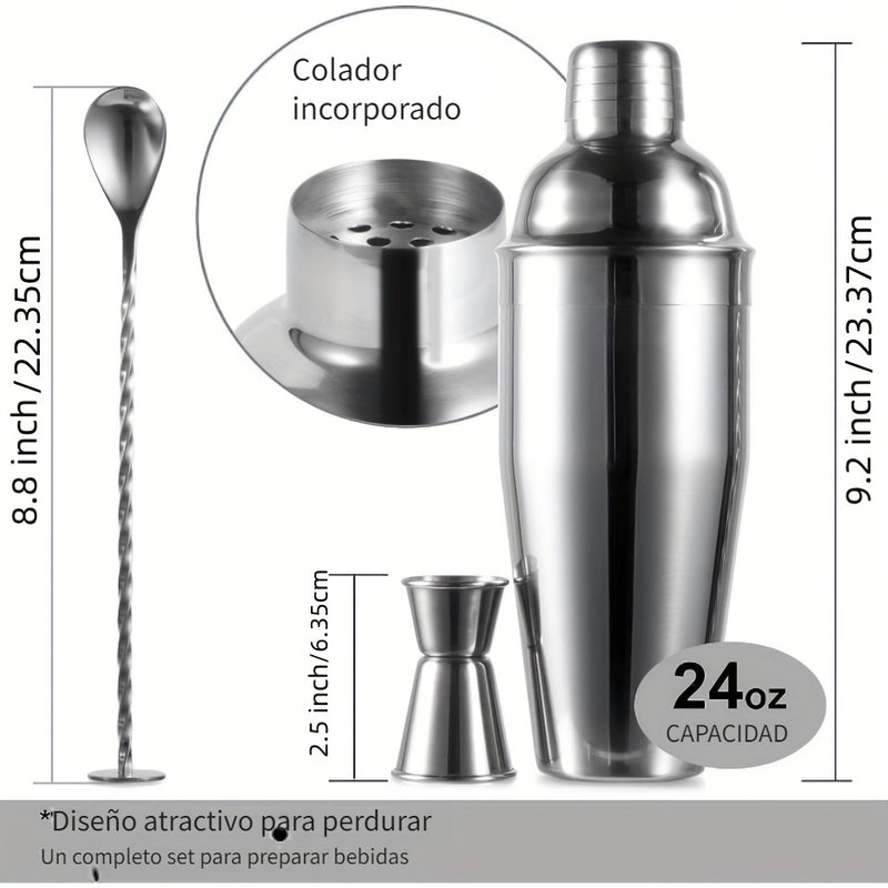 Juego de coctelera de acero inoxidable de 24 oz con jigger y cuchara mezcladora - Kit de barman profesional con colador incorporado para Martini, Margarita y mezcla de bebidas