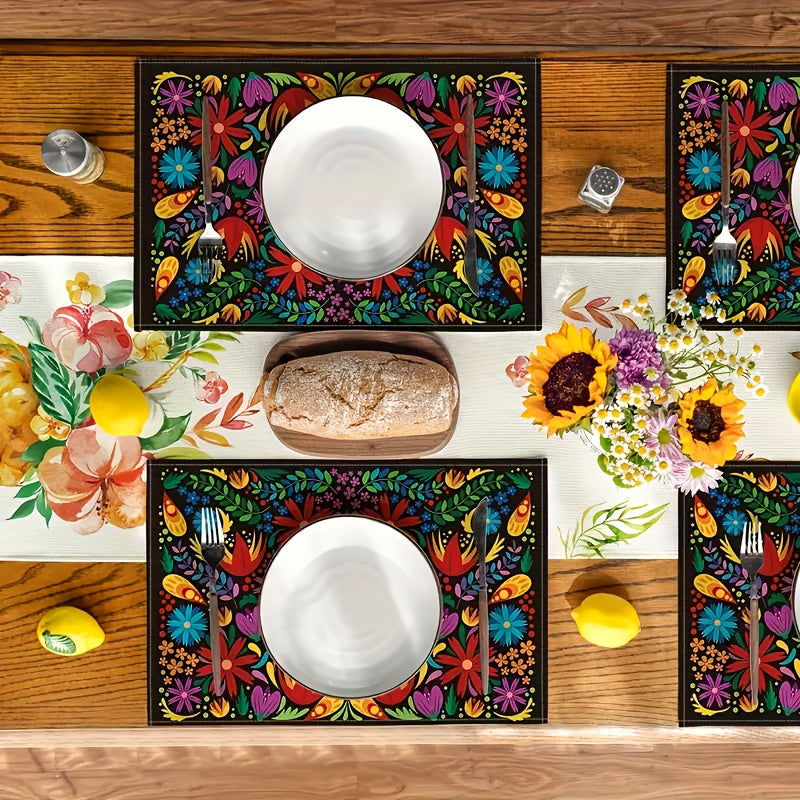 Juego de 4 Manteles Individuales con Diseño Mexicano y Flores - Vivos para el Día de los Muertos, Solo Lavado a Mano, Tapetes Rectangulares de Poliéster al 100% para Fiesta de Halloween y Decoración del Hogar