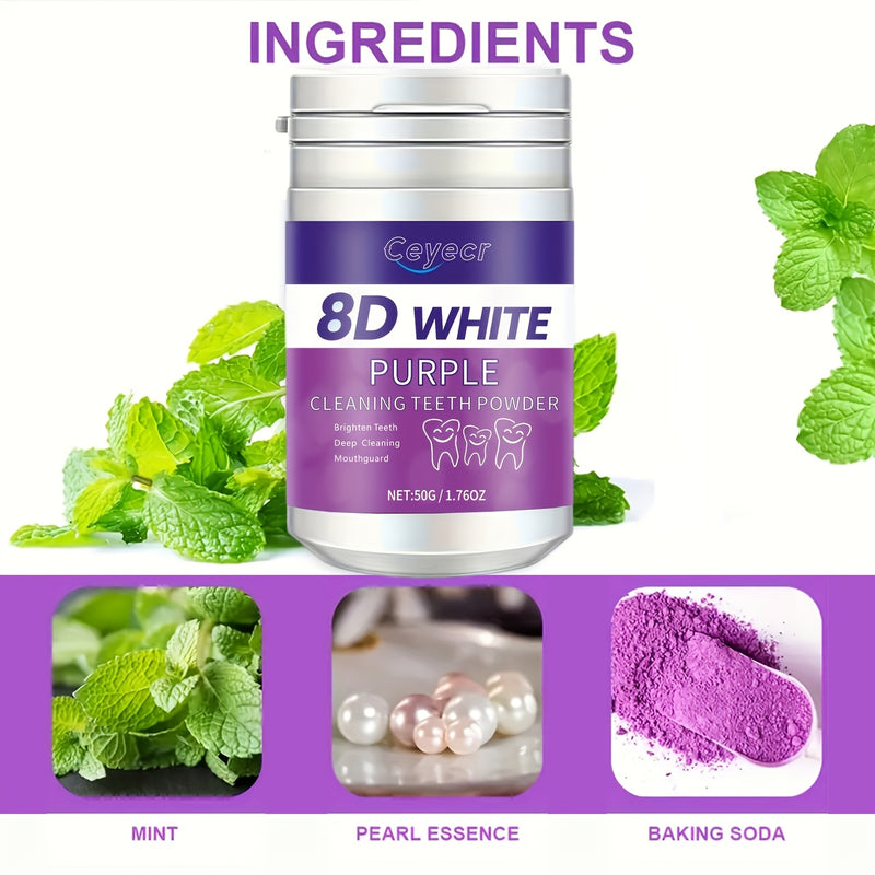 Polvo blanqueador dental púrpura Ceyecr, 50 g/1.76 oz - Polvo limpiador dental de limpieza profunda, pasta dental para aliento fresco, con esencia natural
