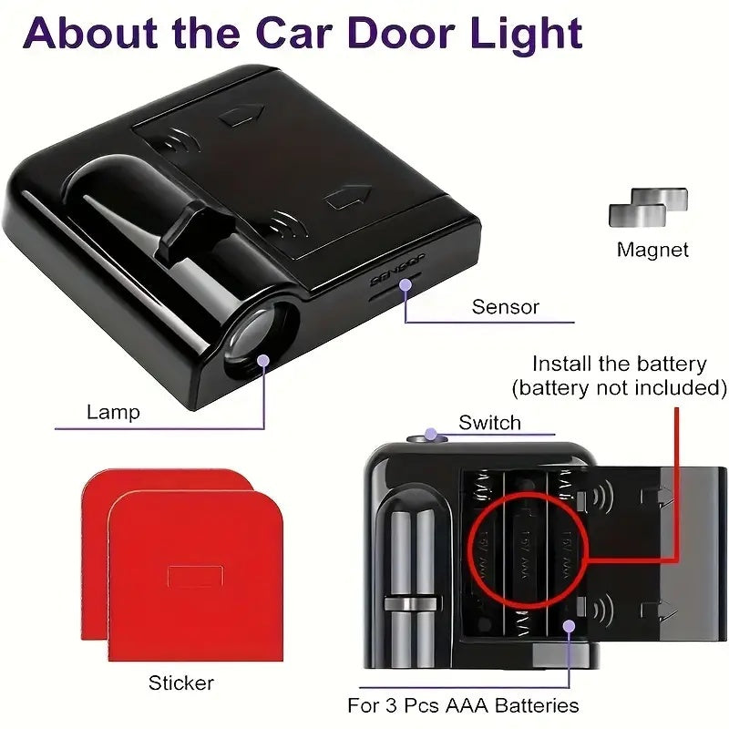 4 Luces LED de Proyección para Puertas de Coche - Iluminación Interior Inalámbrica con Alertas al Abrir la Puerta, Compatible con Autos, SUVs y Furgonetas - Sin Necesidad de Cableado, Instalación Fácil (Baterías No Incluidas) - Accesorios Decorativos par