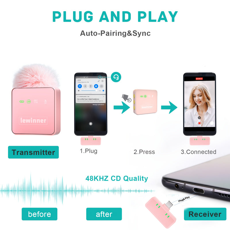 Microfonos Inalámbricos Profesionales Lewinner de 4 Piezas - Conexión USB-C, Reducción de Ruido, Diseño con Pinza y Pompóns Suaves, Rosa, Ideales para Karaoke, Transmisiones en Vivo y Grabación de Vídeo