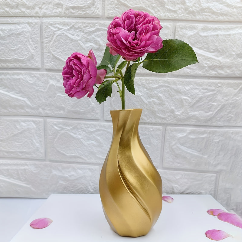 1 florero decorativo elegante de resina dorada con diseño floral rosa, estilo americano en forma de cilindro espiral, para sala, balcón o escritorio de oficina, decoración para el hogar