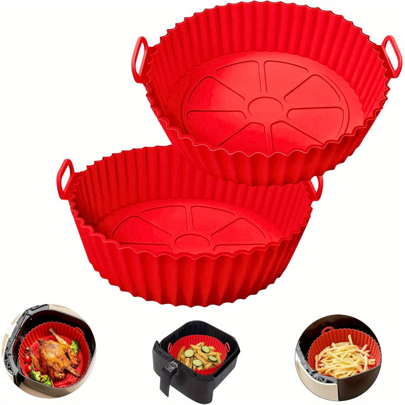 Pack de 2 Forros Rojos para Freidora de Aire - Papel de Horno Reutilizable, Resistente al Calor hasta 446°F, Antiadherentes con Asas para Fácil Limpieza, Libre de BPA, Compatible con Freidoras de 3-5QT, Piezas de Repuesto para Cocina, Asas Easyinsert