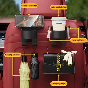 Un par de soportes para vasos con ganchos para asientos traseros, multifuncionales para asientos de coche, pueden sostener teléfonos móviles, bolsos, paraguas y otros objetos.