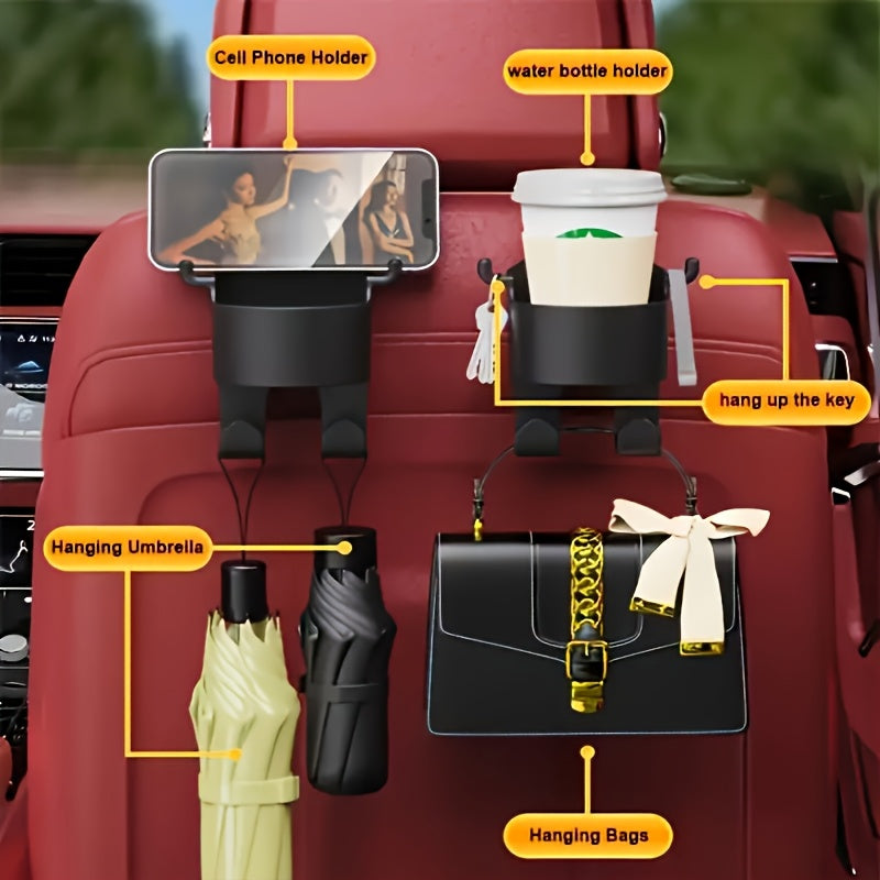 Un par de soportes para vasos con ganchos para asientos traseros, multifuncionales para asientos de coche, pueden sostener teléfonos móviles, bolsos, paraguas y otros objetos.