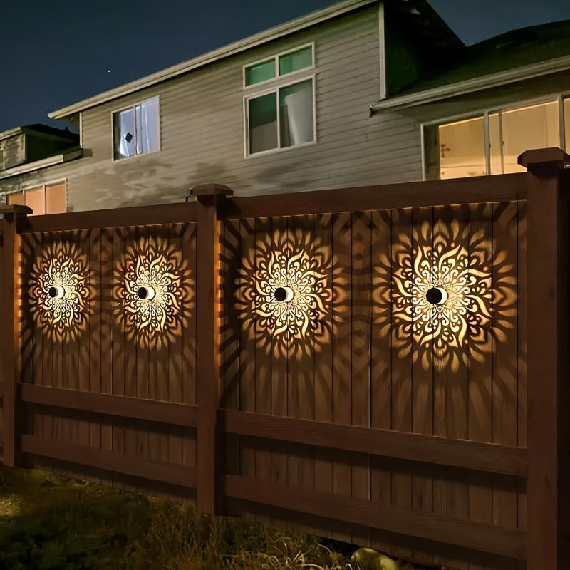 2 paquetes de luces solares para vallas con diseño hueco - IP65, luces solares LED para jardín, patio y escaleras, montaje semienterrado, control de sensor de luz, construcción metálica, iluminación exterior | Luces decorativas para vallas | Acabado metá