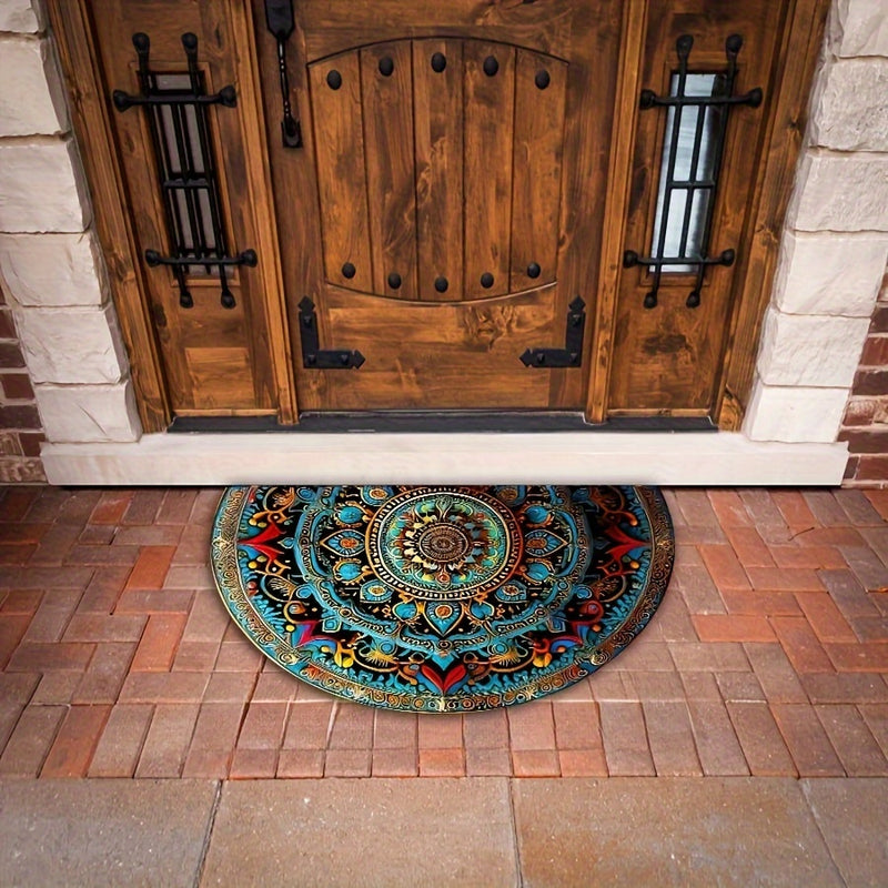 Felpudo de entrada Boho Mandala Semi-Circular, Antideslizante, Superabsorbente de fibra de poliéster de terciopelo de cristal con respaldo de moldeado de punto, lavable en máquina para entrada, sala de estar, cocina - 1000gsm, adecuado para centros comer