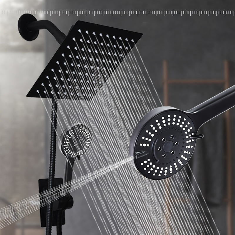 Juego de Cabezal de Ducha de Lluvia Cuadrado de Alta Presión MLD con 2+5 Modos de Rociado - Manillar, Acero Inoxidable y ABS, Incluye Manguera Extra Larga de 149.86cm, Desviador de 3 Vías, Montaje Adhesivo, No Necesita Energía, Decoración de Regalo para