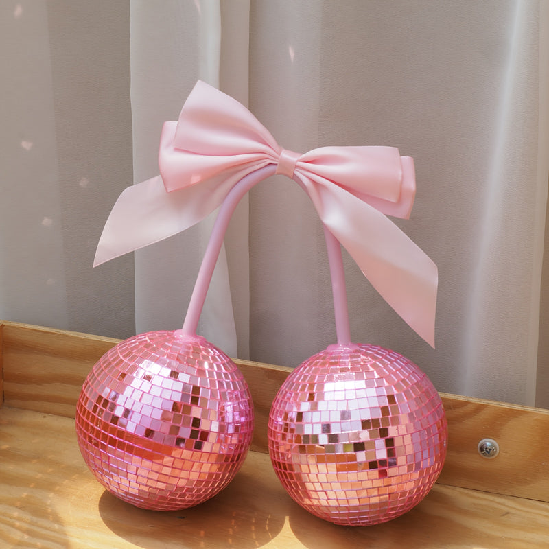 Esferas de discoteca con moños y cerezas, decoración para fiestas y hogar, regalos con moños para colgar en la pared, decoración llamativa en rosa, azul y rojo