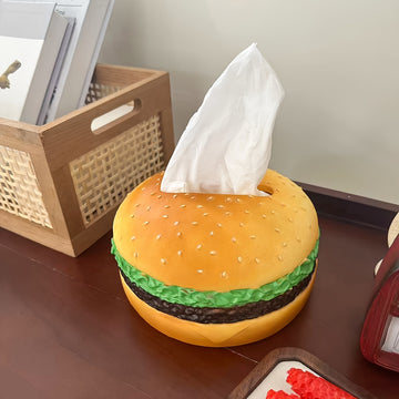 Soporte de pañuelos de forma de hamburguesa creativa - Dispensador de pañuelos de plástico redondo de tema hamburguesa, ideal para accesorios de escritorio para el hogar y la oficina - Paquete de 1