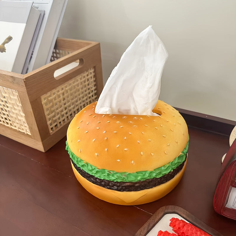 Soporte de pañuelos de forma de hamburguesa creativa - Dispensador de pañuelos de plástico redondo de tema hamburguesa, ideal para accesorios de escritorio para el hogar y la oficina - Paquete de 1