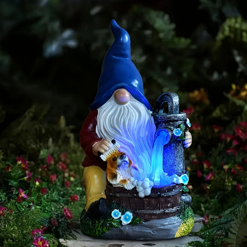 Estatua de jardín, luz solar, decoración de patio, luz ambiental, resina, sombrero rojo, sombrero azul, elfo, perro, lámpara de cascada, decoración de sendero de jardín, decoración de Halloween, regalo de Acción de Gracias y Navidad, IP44