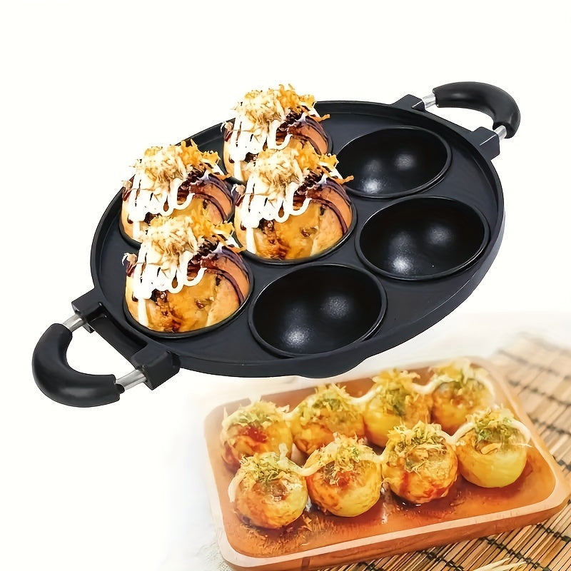 1 pieza, molde de torta de huevo de aleación de aluminio con 7 agujeros, antiadherente, para hacer bolas de pulpo, cocinero versátil, fácil de limpiar, diseño ahorrador de espacio para la cocina y actividades al aire libre, cocinero, forma redonda, molde