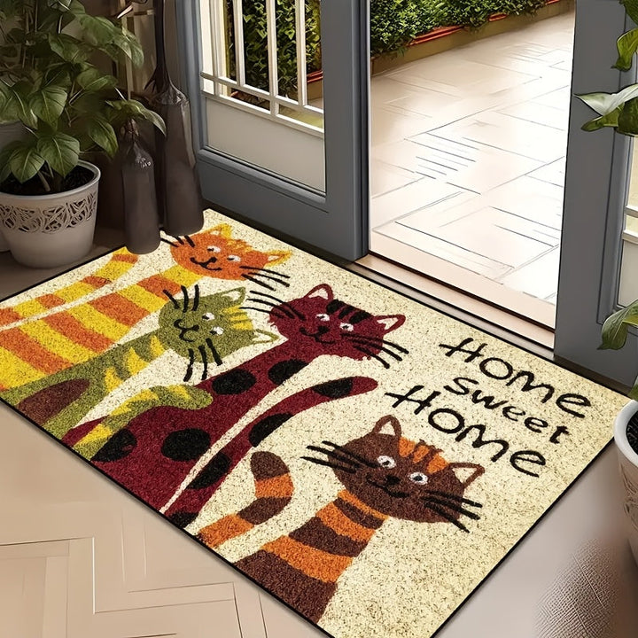 Alfombra de bienvenida con gatos acogedora, 1 unidad – Alfombra de poliéster suave lavable a máquina con divertidos gatos de dibujos animados y texto "HOGAR DULCE HOGAR", ideal para entrada, cocina, sala o decoración de dormitorio