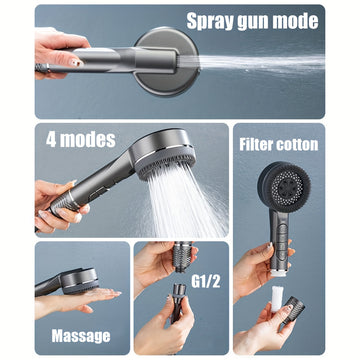 Set de ducha de mano con masaje de silicona, presión ajustable, manguera gruesa de 1,5 m, soporte de pared, acabado pulido, material plástico, no necesita electricidad.