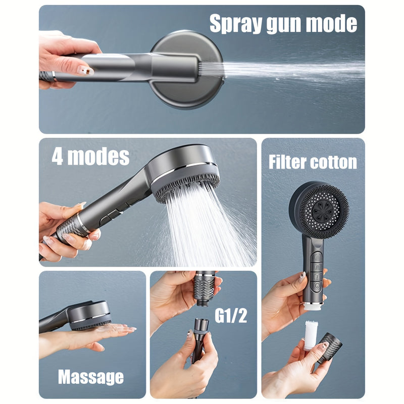 Set de ducha de mano con masaje de silicona, presión ajustable, manguera gruesa de 1,5 m, soporte de pared, acabado pulido, material plástico, no necesita electricidad.