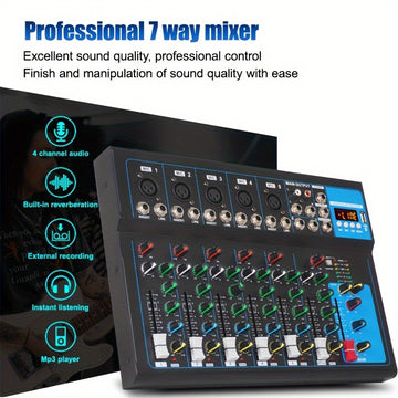 Mezclador DJ Portátil USB GH7 - Consola de Sonido de 7 Canales con Entrada MP3, Fuente de Alimentación de 48V para Grabación en Computadora, Negro