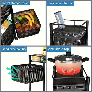 Estante giratorio de cocina de 5 niveles, sin necesidad de ensamblaje, torre de almacenamiento metálica para frutas, verduras, alimentos, papas artificiales de jade y cebollas (5 capas, negro)