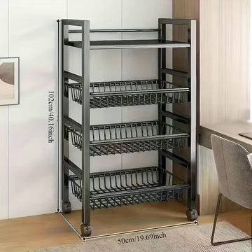 Carrito de Almacenamiento Metálico de 4 Niveles con Ruedas | Organizador de Cocina Multiusos para Frutas, Verduras y Utensilios | Acabado en Pintura Horneada Negra | Diseño Desmontable para Montaje Fácil | Construcción Metálica Resistente | Perfecto para