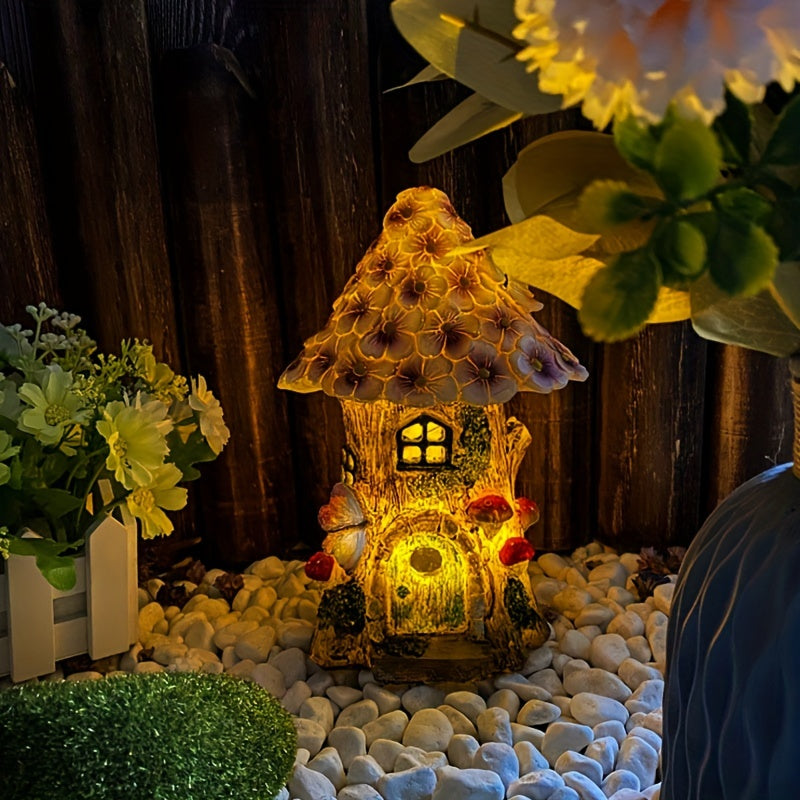 1pc ZYLIWOO Casa de hada de resina solar, luz de jardín eficiente en energía, decorativa figurita de LED de paisaje con patrón de flor, acabado de encaústica, césped exterior, patio, decoración de Halloween para patio trasero