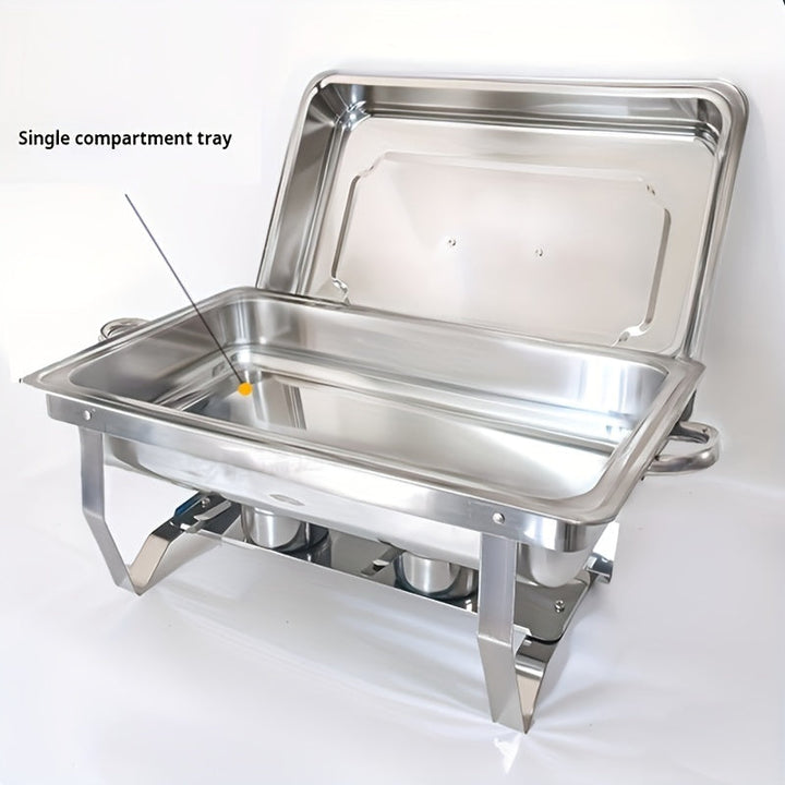 Juego de platos de acero inoxidable aislados con estufa de cena, contenedor de calefacción comercial para hotel, restaurante y banquetes, termo rectangular plateado adecuado para catering, banquetes y fiestas, utensilios para servir.