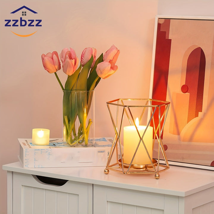 1 pieza de Jarrón Metálico Dorado y Plástico Transparente ZZBZZ - Decoración Elegante Moderna para Sala de Estar, Centro de Mesa de Comedor, Portavelas, Sin Batería, Ambientador Romántico | Diseño Lujoso | Acabado Electrolítico