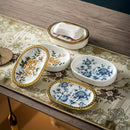 Jabonera de cerámica ovalada de lujo con bandeja de drenaje de doble capa, ribete dorado de estilo americano, elegante jabonera de baño, diseño resistente al agua.