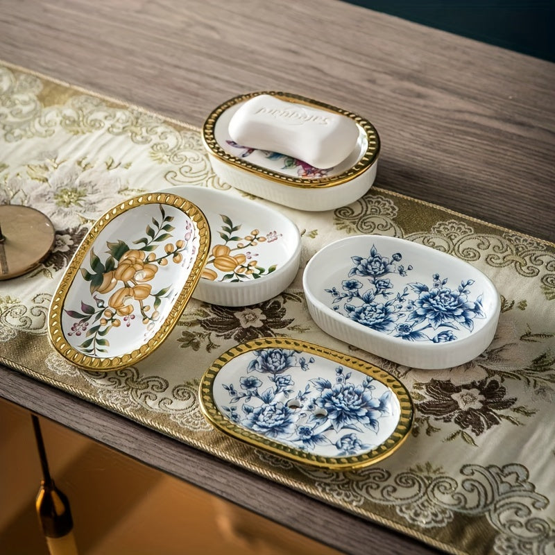 Jabonera de cerámica ovalada de lujo con bandeja de drenaje de doble capa, ribete dorado de estilo americano, elegante jabonera de baño, diseño resistente al agua.