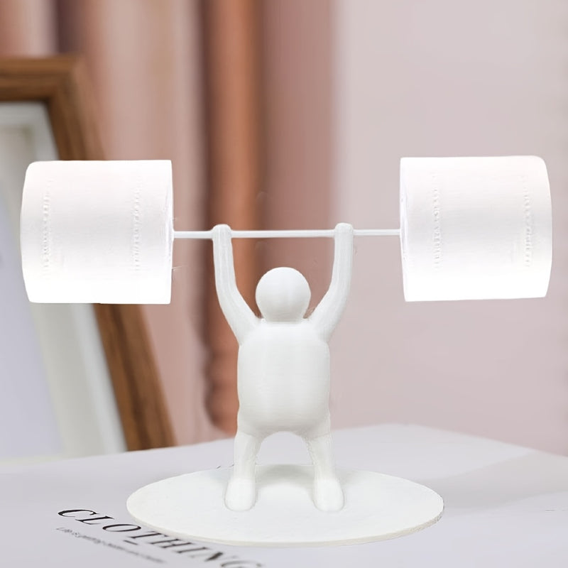 Soporte de rollo de papel higiénico de levantador de pesas divertido, impreso en 3D único, de plástico, sobre el tanque, autosoportante, con levantador de pesas sosteniendo una barra, para decoración de baño y cocina