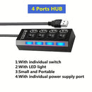 Puente USB 2.0 de 4 puertos con adaptador de alimentación, transmisión de alta velocidad, interruptor independiente y indicadores LED, adecuado para portátiles, Xbox, unidades flash, discos duros, consolas, impresoras, PCs, teclados, unidades flash USB y