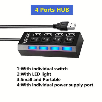 Puente USB 2.0 de 4 puertos con adaptador de alimentación, transmisión de alta velocidad, interruptor independiente y indicadores LED, adecuado para portátiles, Xbox, unidades flash, discos duros, consolas, impresoras, PCs, teclados, unidades flash USB y