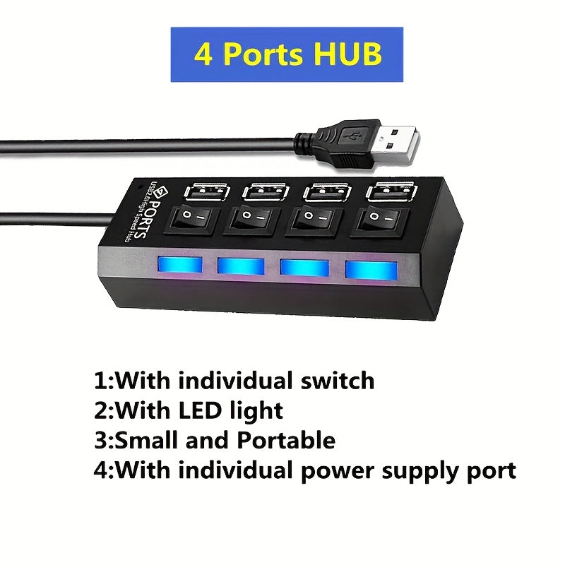 Puente USB 2.0 de 4 puertos con adaptador de alimentación, transmisión de alta velocidad, interruptor independiente y indicadores LED, adecuado para portátiles, Xbox, unidades flash, discos duros, consolas, impresoras, PCs, teclados, unidades flash USB y