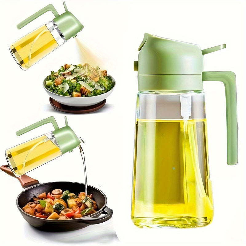 1pc Dispensador y Pulverizador de Aceite de Vidrio 2 en 1, 16oz/470ml, Forma Redonda, Libre de PVC, Lavable a Máquina, para Cocinar, Freidora de Aire, BBQ, Ensalada - Negro, Pulverizador de Aceite de Cocina | Botella de Vidrio Redonda | Mango de Agarre F