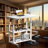 Escritorio y estantería de computadora de doble asiento, MDF con marco de acero, con ruedas univer, acabado blanco y madera - Ideal para trabajo en oficina en dormitorios y salas de estar, almacenamiento de computadora