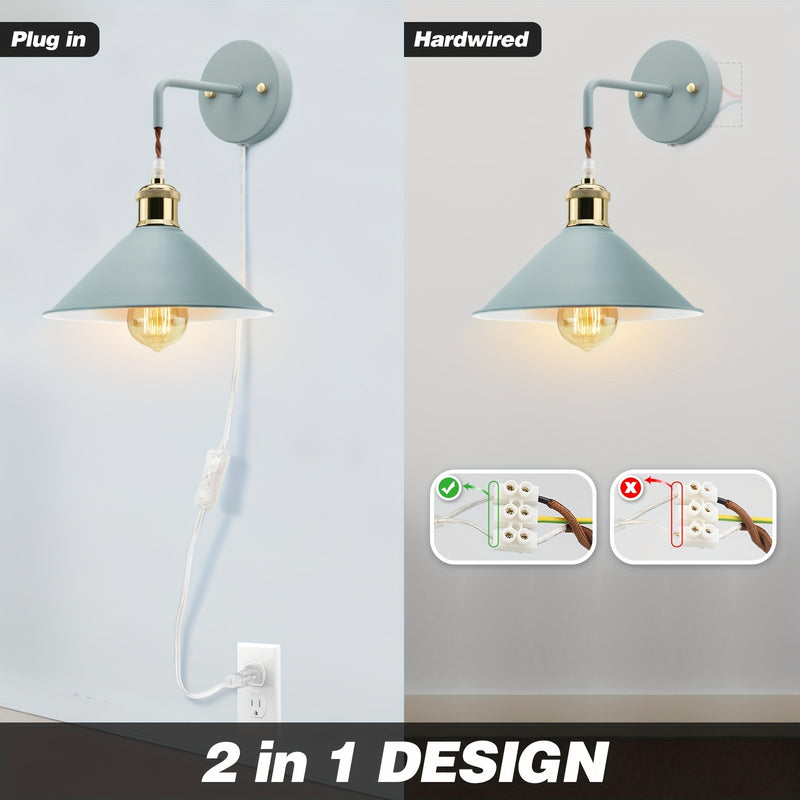 2 piezas de apliques de pared modernos con cable enchufable de encendido/apagado - Lámpara E26 Edison, acabado metálico esmerilado para decoración de dormitorio y baño (bombilla no incluida), luces de tocador, cuerpo pintado