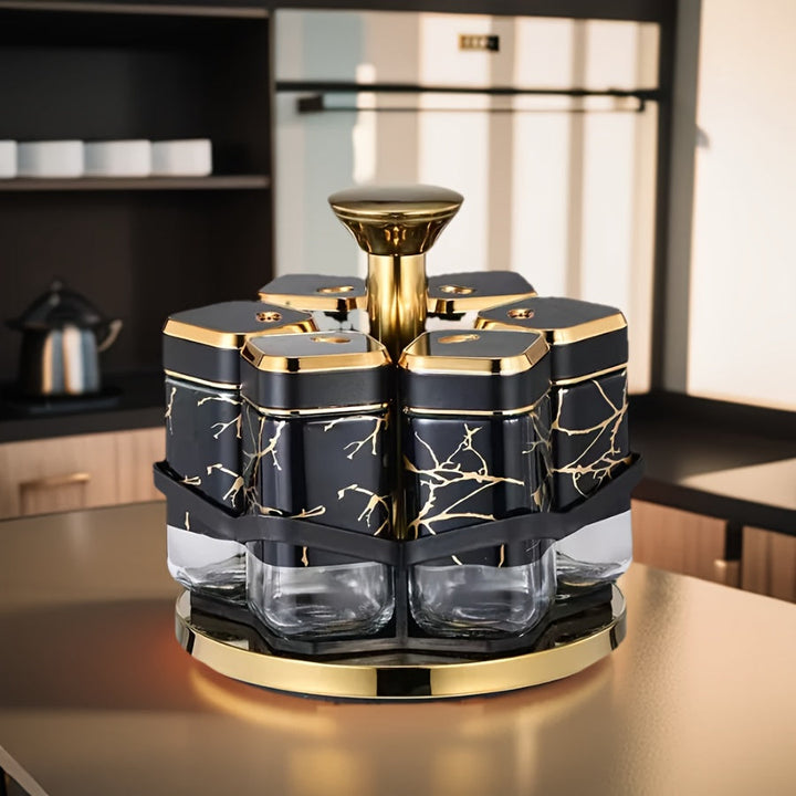 [Tarros de Especias de Vidrio Dorados] Set de 6 pzas de Tarros de Especias de Vidrio con Acentos Dorados - Contenedores Giratorios Seguros para Alimentos - Botellas de Condimentos para Cocina con Estante para Especias