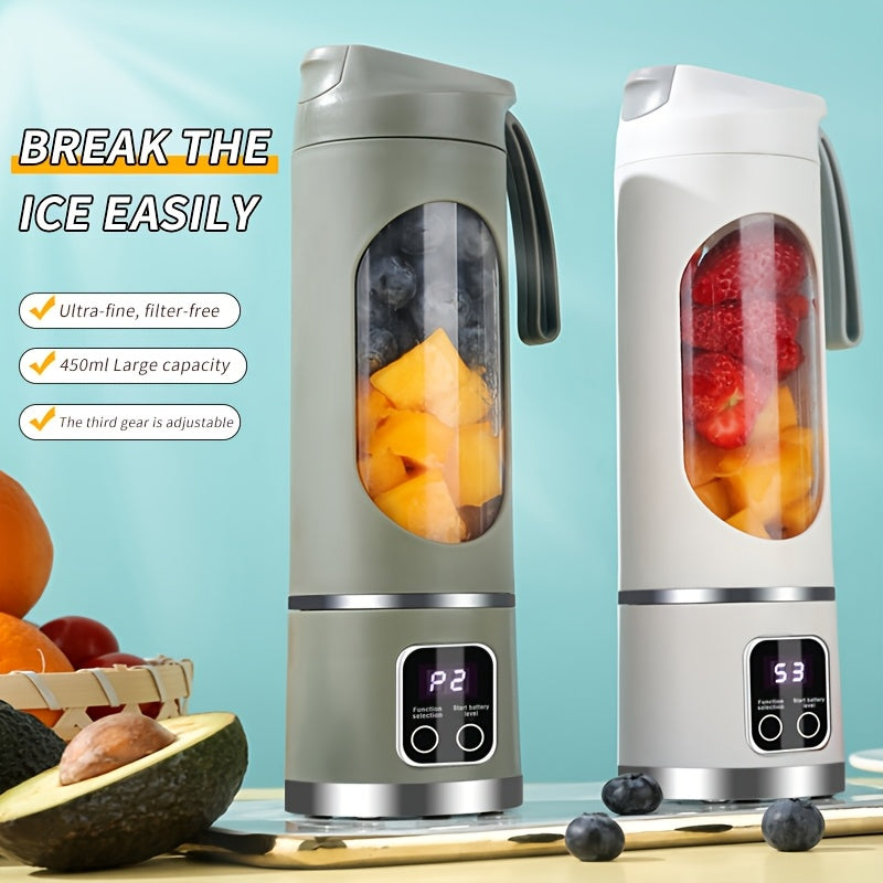 Licuadora y exprimidor portátil de 15.22 oz recargable por USB - Hacedor de batidos de frutas frescas compacto, instantáneamente nutritivo, ideal para bebidas frías, camping y comedor, gran capacidad de 450ml, engranaje ajustable, ultrafino, sin filtro,