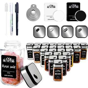 Juego de 24/12/6 frascos de especias cuadrados con soporte para taza de sacudir, frascos de especias de vidrio engrosado de 120 ml, cerrojo de acero inoxidable, silvery spice storage box